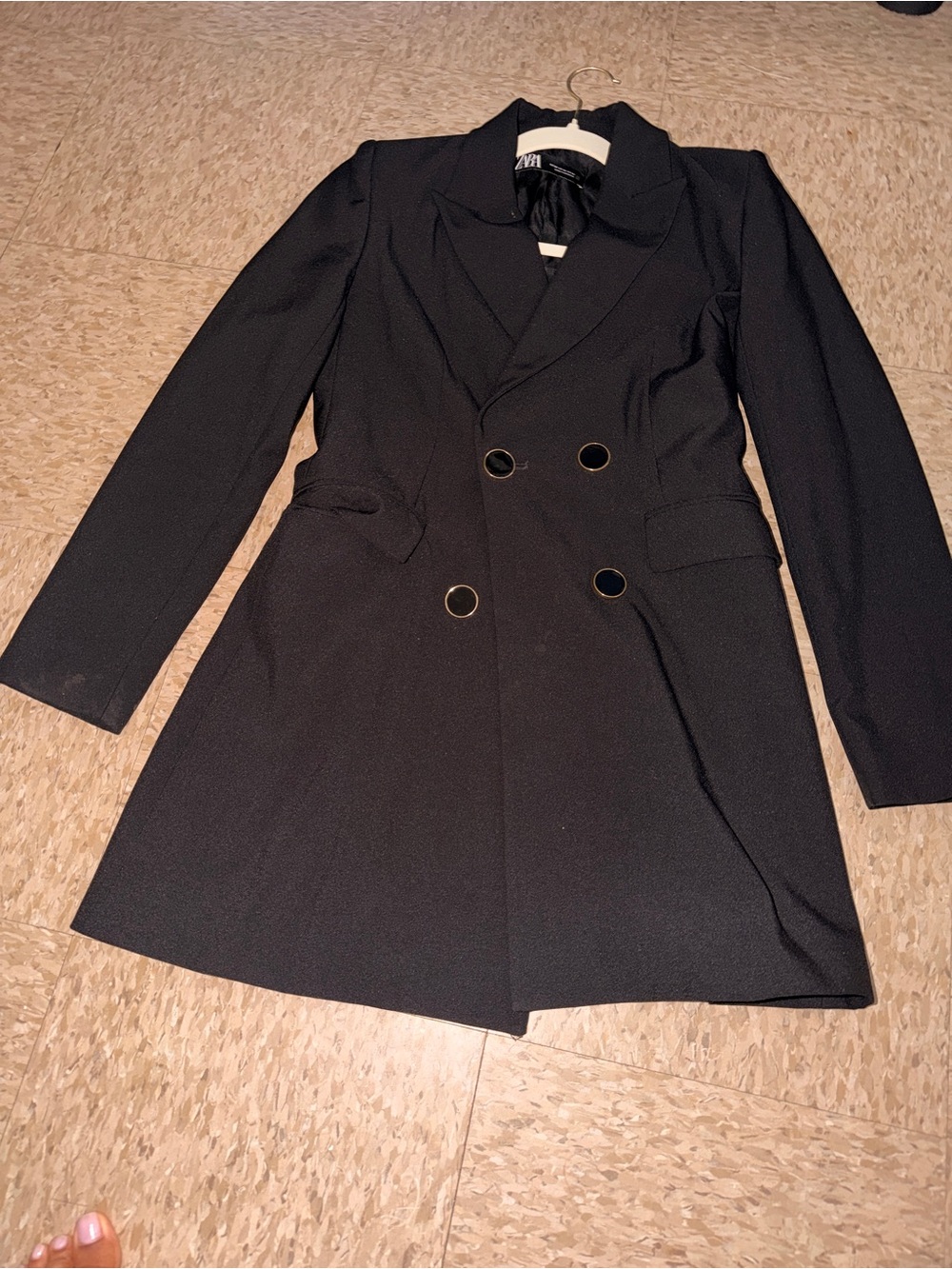 Zara Black Double-Breasted Long Blazer with Gold Buttons